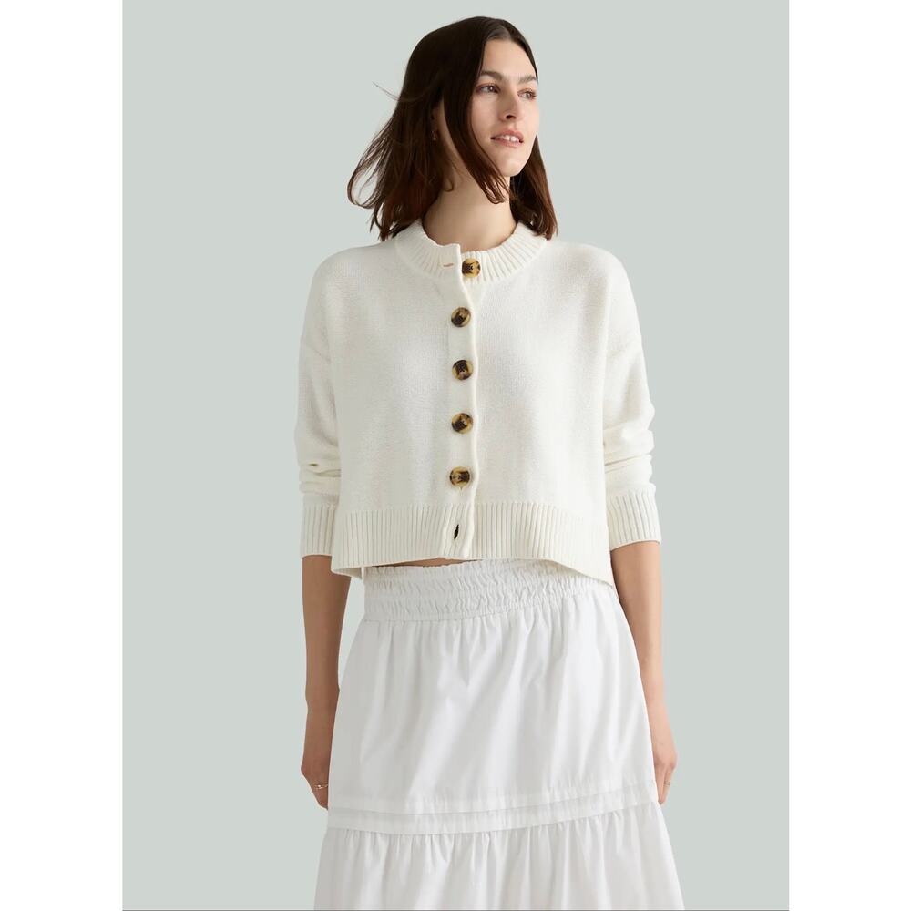 Quince Ivory Organic Cotton Boxy Cropped Chunky Knit Oversized Cardigan Sz L New - Picture 3 of 8